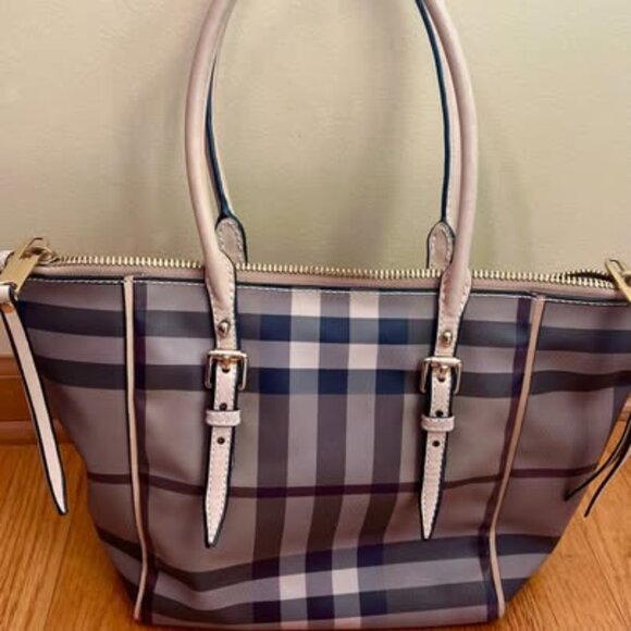 Tan-cream-maroon plaid Burberry tote purse - Picture 1 of 4
